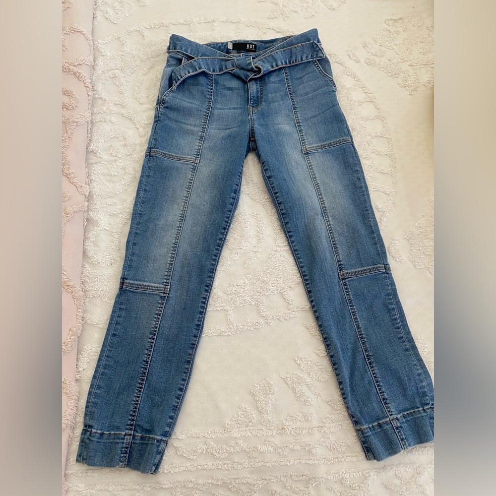 KUT From The Cloth High Rise Reese Ankle Straight Leg Tie Waist Blue Denim Jeans